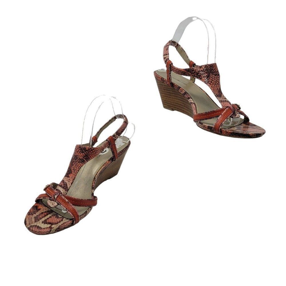 Bandolino Vegan Faux Leather Strappy Wedge Sandals 10 Pink Coral Snake Embossed